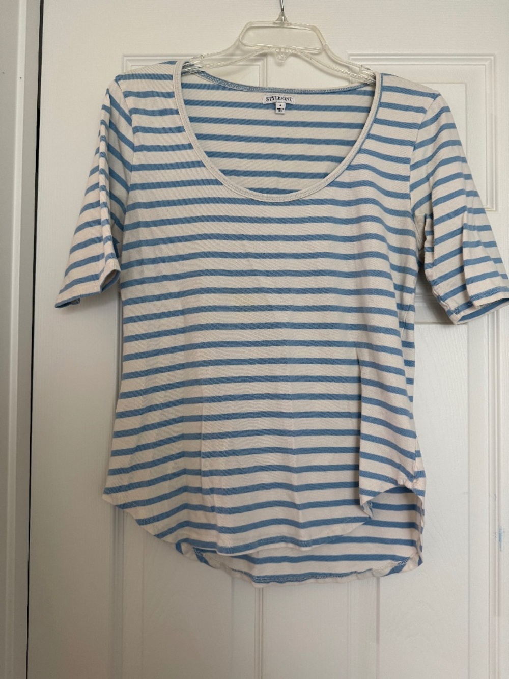 Stylemint French Blue & White Striped Short Sleeved Fitted T-shirt, Size M